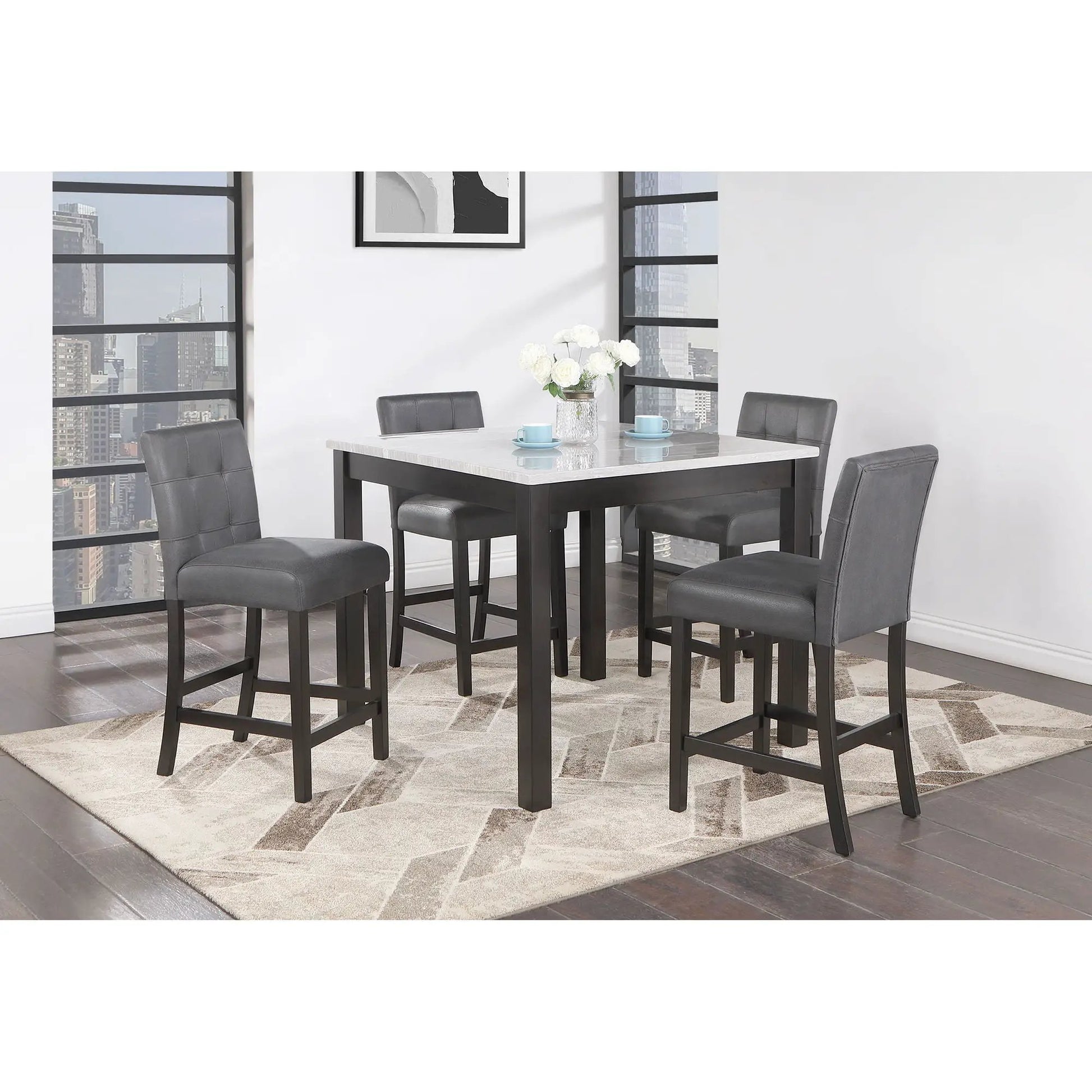 Leon Bar Table and 4 Bar Stools espresso/white with dark wood legs and gray upholstered seats on Tampa Home & Garden Store