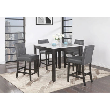 Leon Bar Table and 4 Bar Stools espresso/white with dark wood legs and gray upholstered seats on Tampa Home & Garden Store