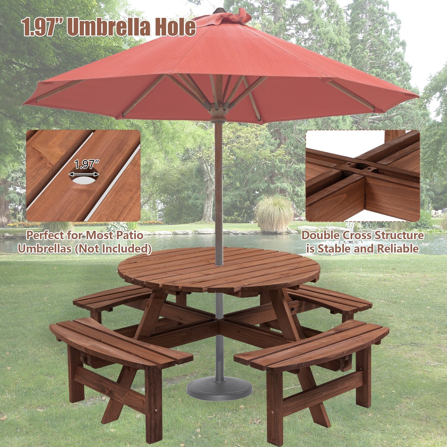 8-person wooden round picnic table with attached benches and umbrella on Tampa Home & Garden Store