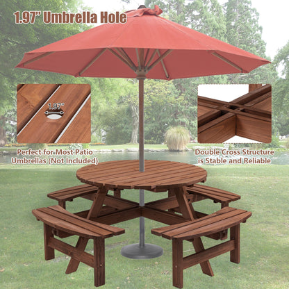 8-person wooden round picnic table with attached benches and umbrella on Tampa Home & Garden Store