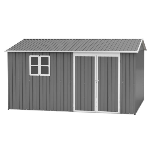 12x10 ft outdoor metal storage shed in dark gray with white trim and front doors with windows on Tampa Home & Garden Store