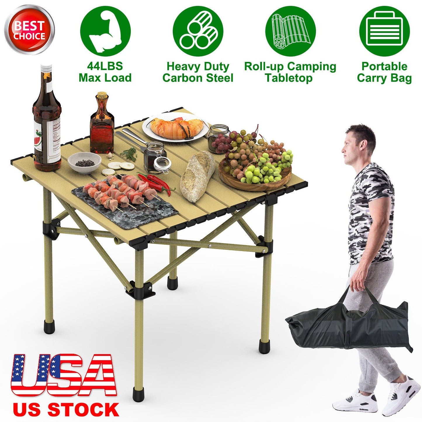 GemGear folding camping table portable roll-up tabletop, carbon steel frame, tan with carry bag on Tampa Home & Garden Store