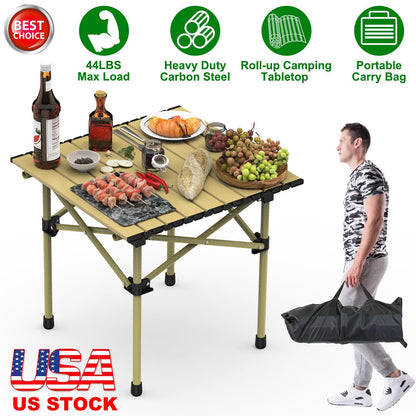 GemGear folding camping table portable roll-up tabletop, carbon steel frame, tan with carry bag on Tampa Home & Garden Store