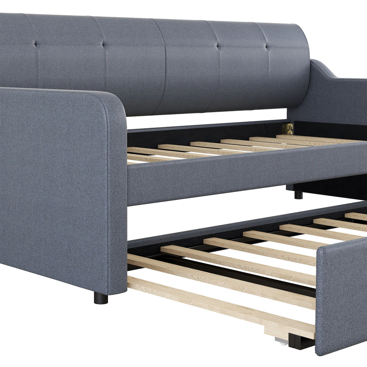 Upholstered daybed with trundle and USB charging, blue-gray fabric, wood slats base, on Tampa Home & Garden Store