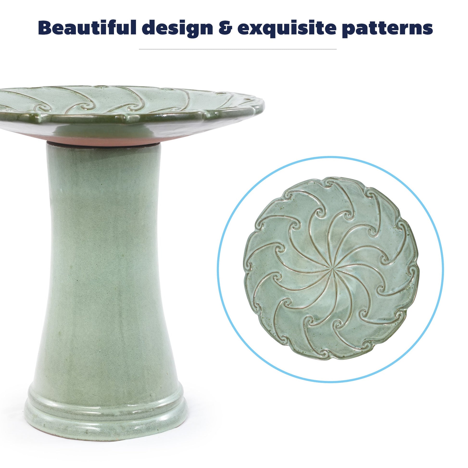Handmade glazed ceramic bird bath on a green pedestal with swirl-pattern dish HouseOfZazla on Tampa Home & Garden Store