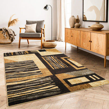 Bristol Modern Geometric Area Rug In Multi by HouseOfZazla with black tan beige stripe pattern on Tampa Home & Garden Store
