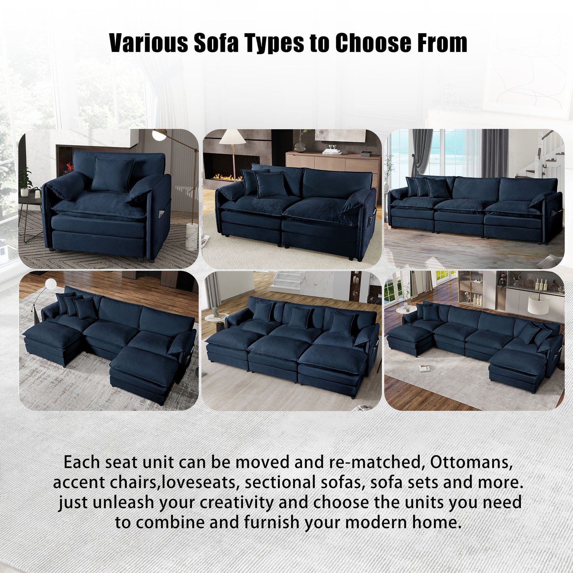Modern Comfy Deep Seat Modular Sectional Sofa Cloud Couch With Ottoman navy HouseOfZazla on Tampa Home & Garden Store