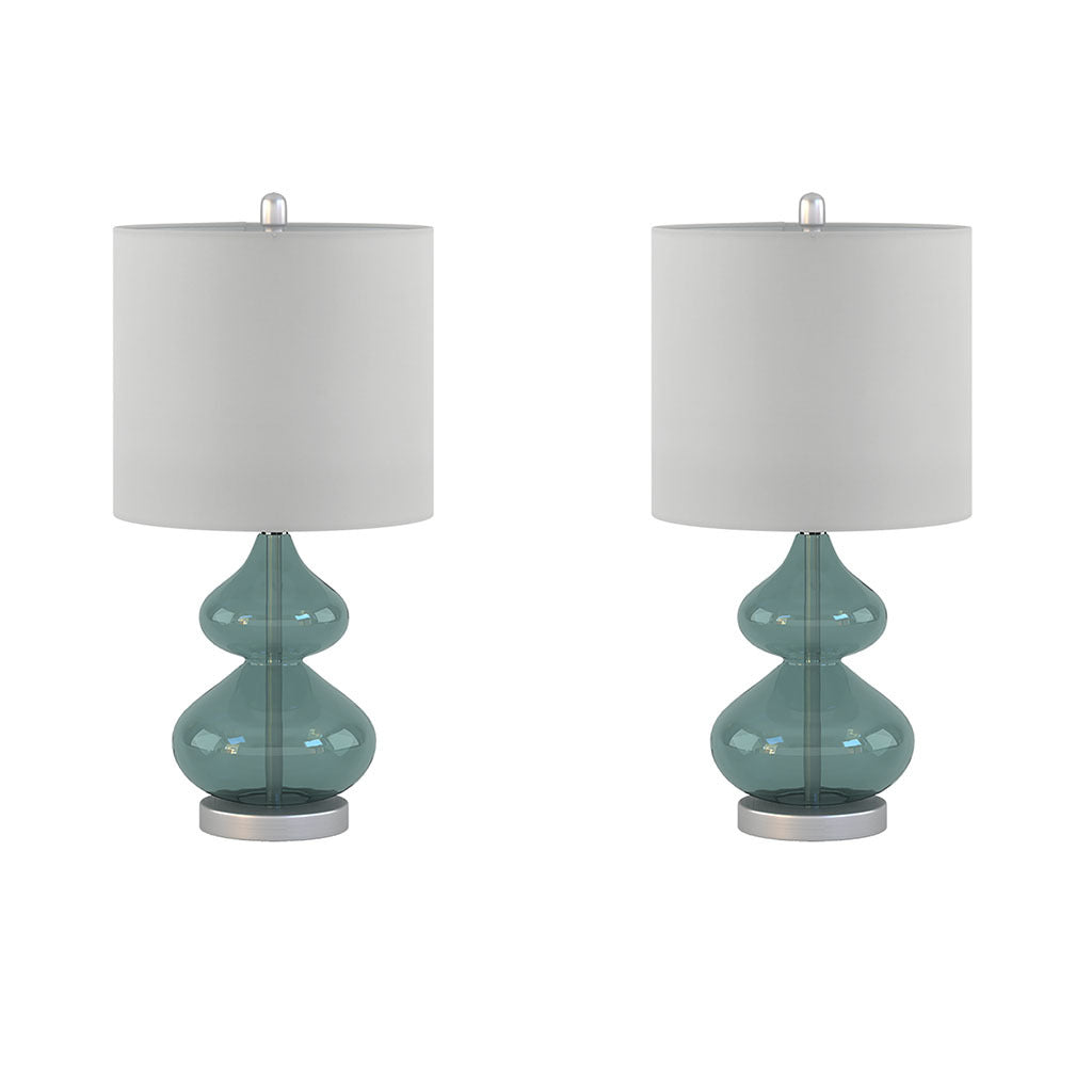 Ellipse Curved Glass Table Lamp set of 2, teal glass bodies and white shades on Tampa Home & Garden Store