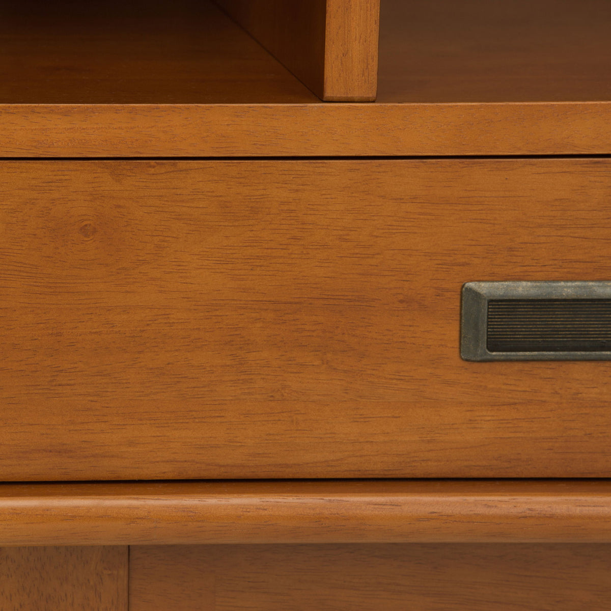 Mid Century Wide Bookcase and Storage Drawers in warm oak wood with vertical support on Tampa Home & Garden Store