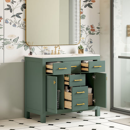 Bathroom Vanity With Sink Combo Set, green cabinet with 4 drawers and brass handles on Tampa Home & Garden Store