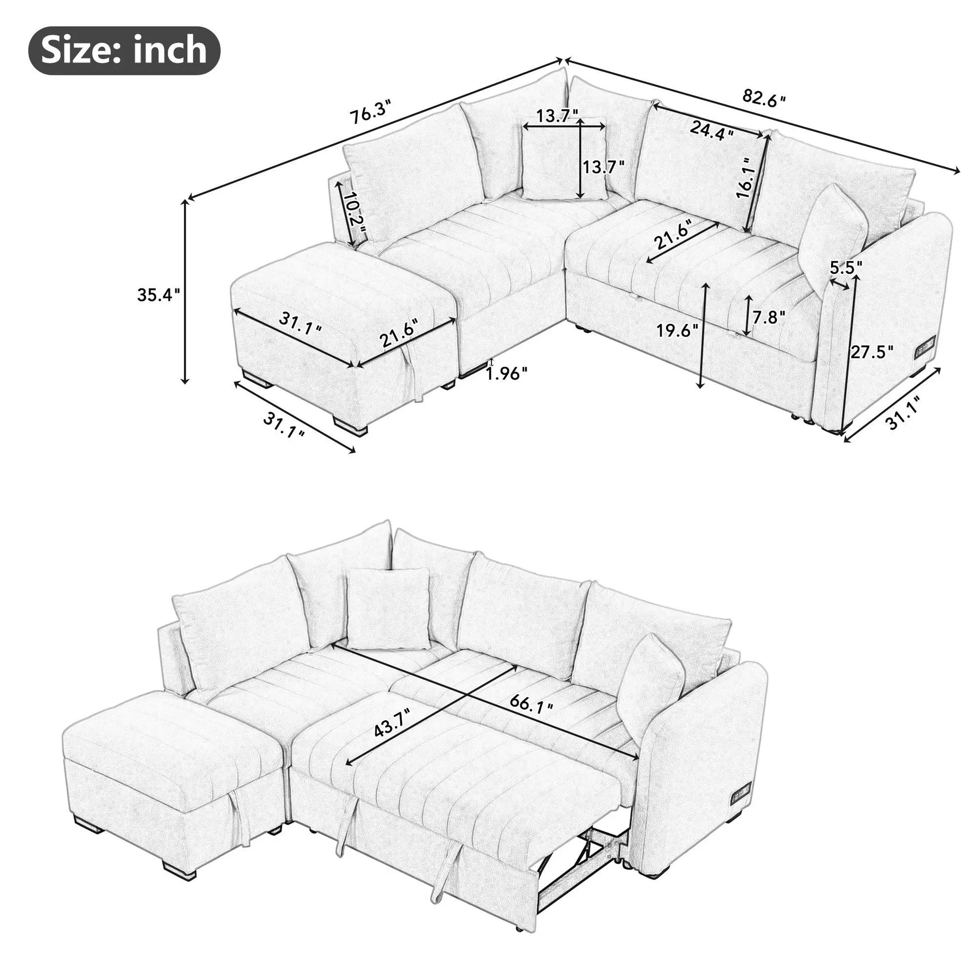 L-shaped sleeper sectional sofa with movable storage ottoman, USB ports, Unique Piece Furniture on Tampa Home & Garden Store