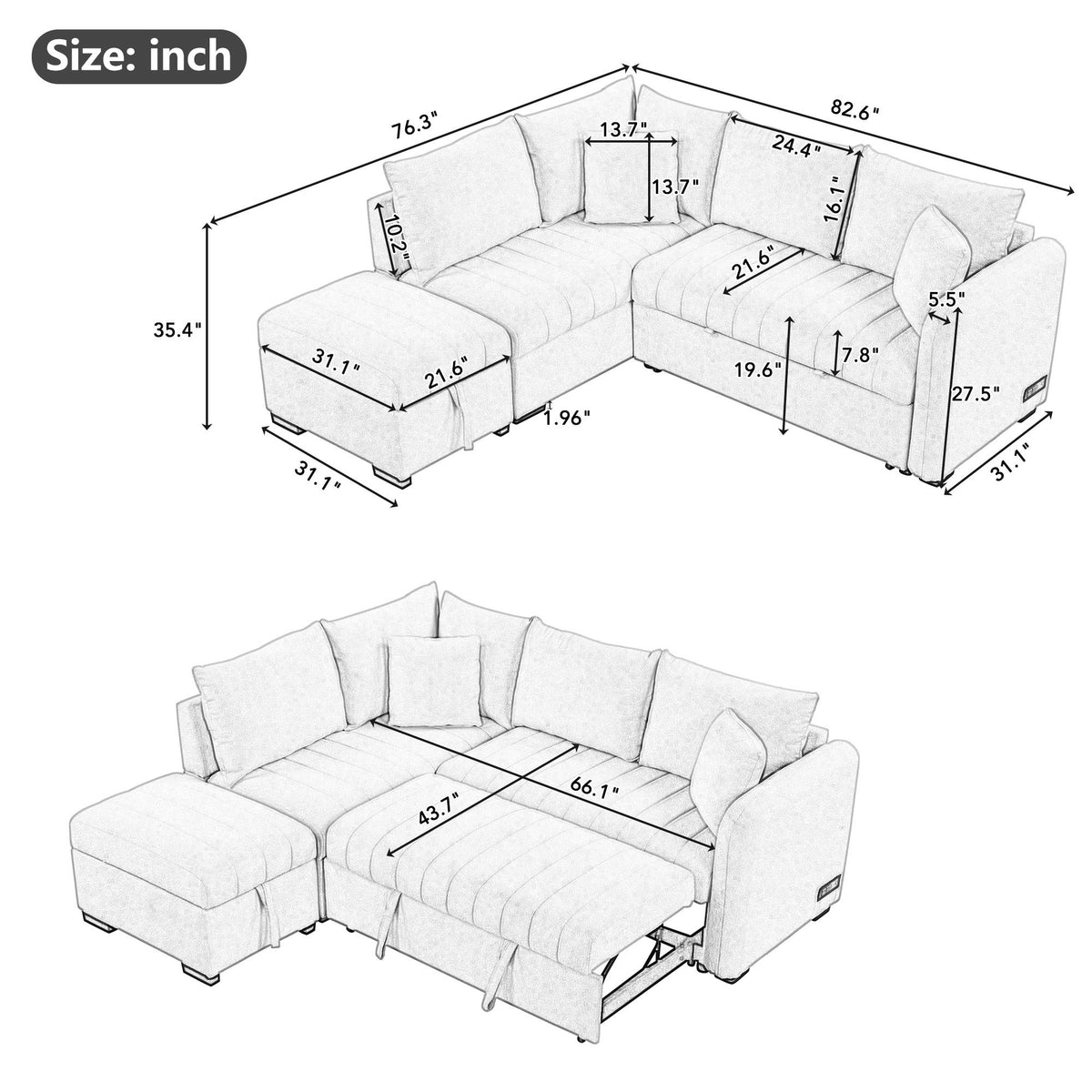 L-shaped sleeper sectional with storage ottoman and USB ports and power sockets by HouseOfZazla on Tampa Home & Garden Store