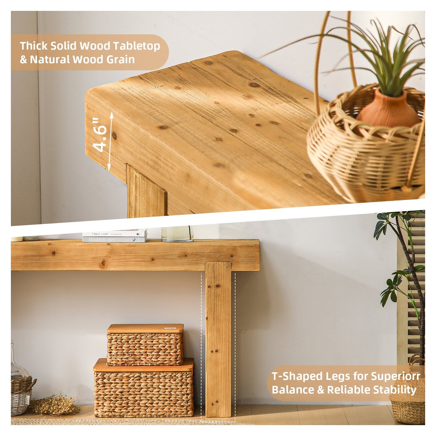 63in solid wood console table by HouseOfZazla with natural wood grain, rustic farmhouse design on Tampa Home & Garden Store