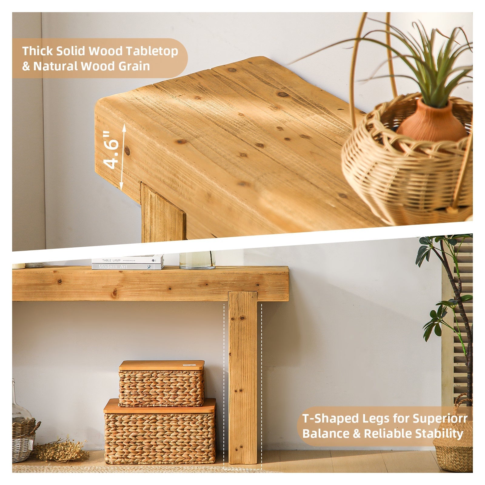63in solid wood console table by HouseOfZazla with natural wood grain, rustic farmhouse design on Tampa Home & Garden Store