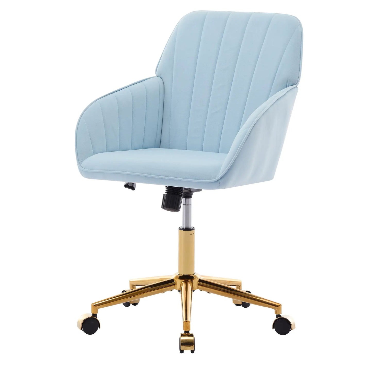 Adjustable ergonomic swivel office chair blue upholstered with vertical stitching, gold base on Tampa Home & Garden Store