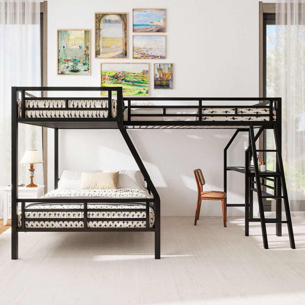 Twin over full bunk bed with loft and desk in black metal, for 3 sleepers HouseOfZazla on Tampa Home & Garden Store
