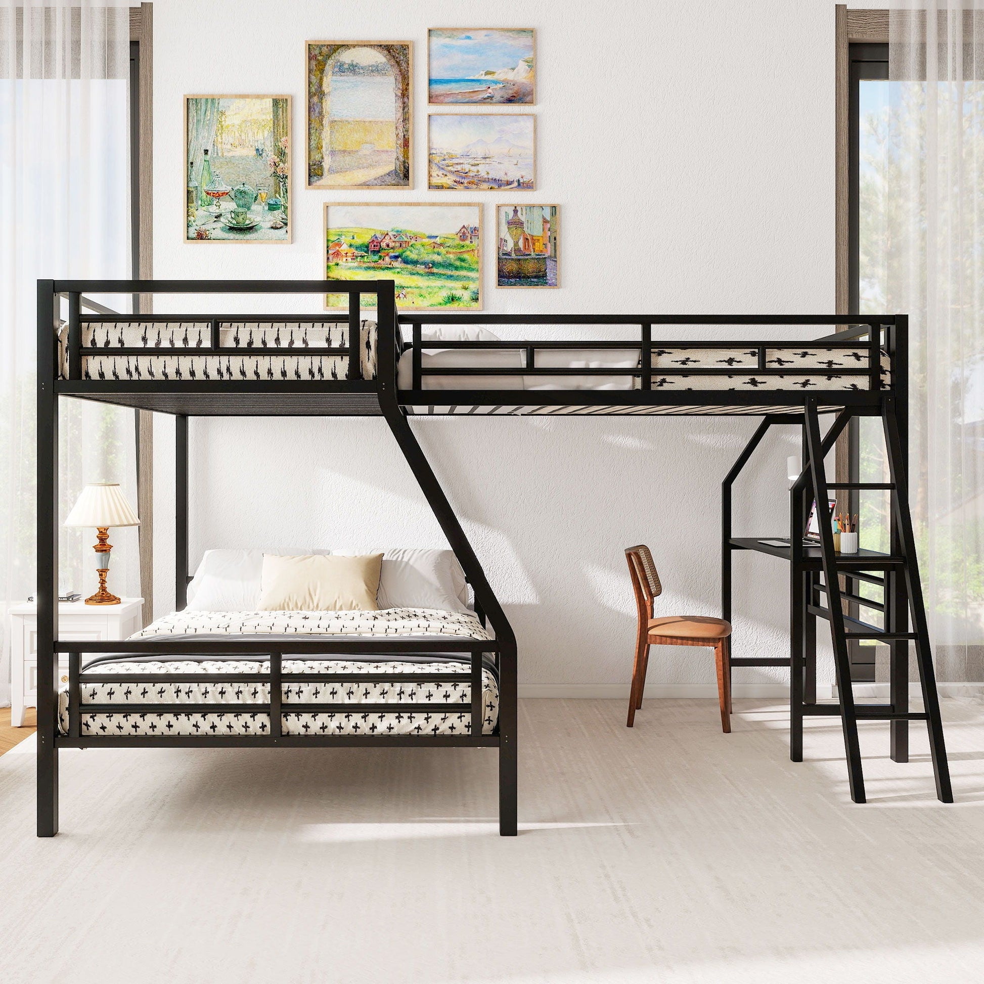 Twin over full bunk bed with loft and desk in black metal, for 3 sleepers HouseOfZazla on Tampa Home & Garden Store