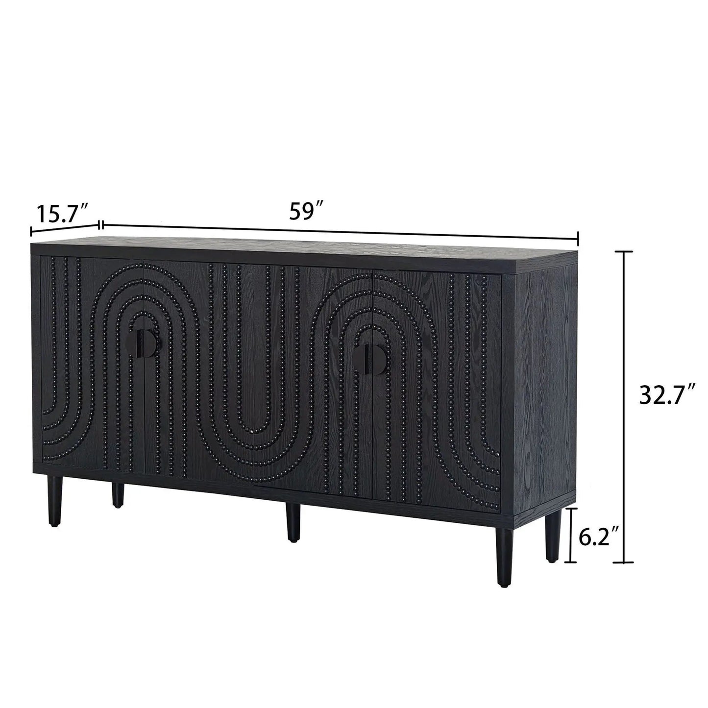 Modern black sideboard cabinet with circular nailhead inlays and tapered legs on Tampa Home & Garden Store