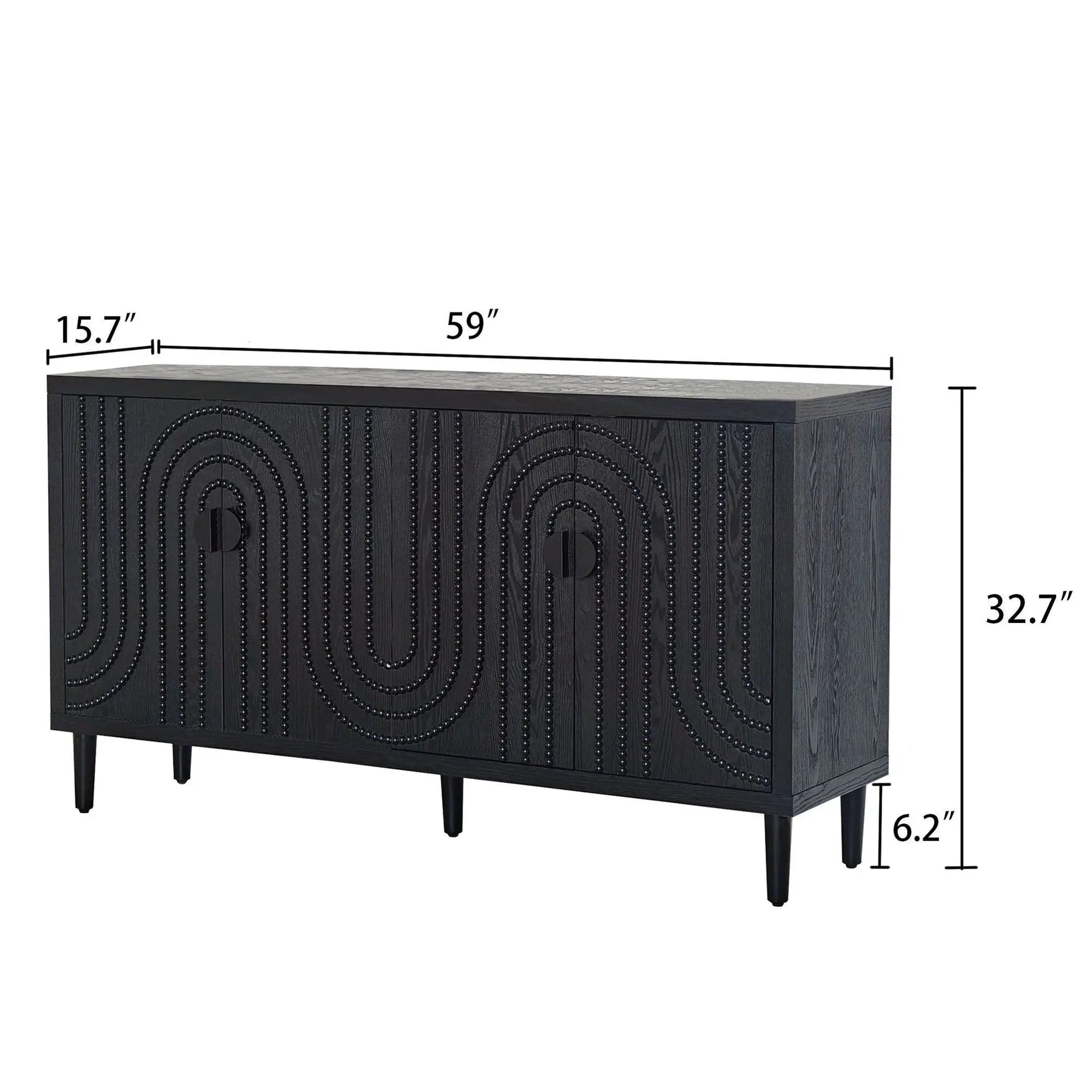 Modern black sideboard cabinet with circular nailhead inlays and tapered legs on Tampa Home & Garden Store