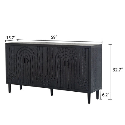 Modern black sideboard cabinet with circular nailhead inlays and tapered legs on Tampa Home & Garden Store
