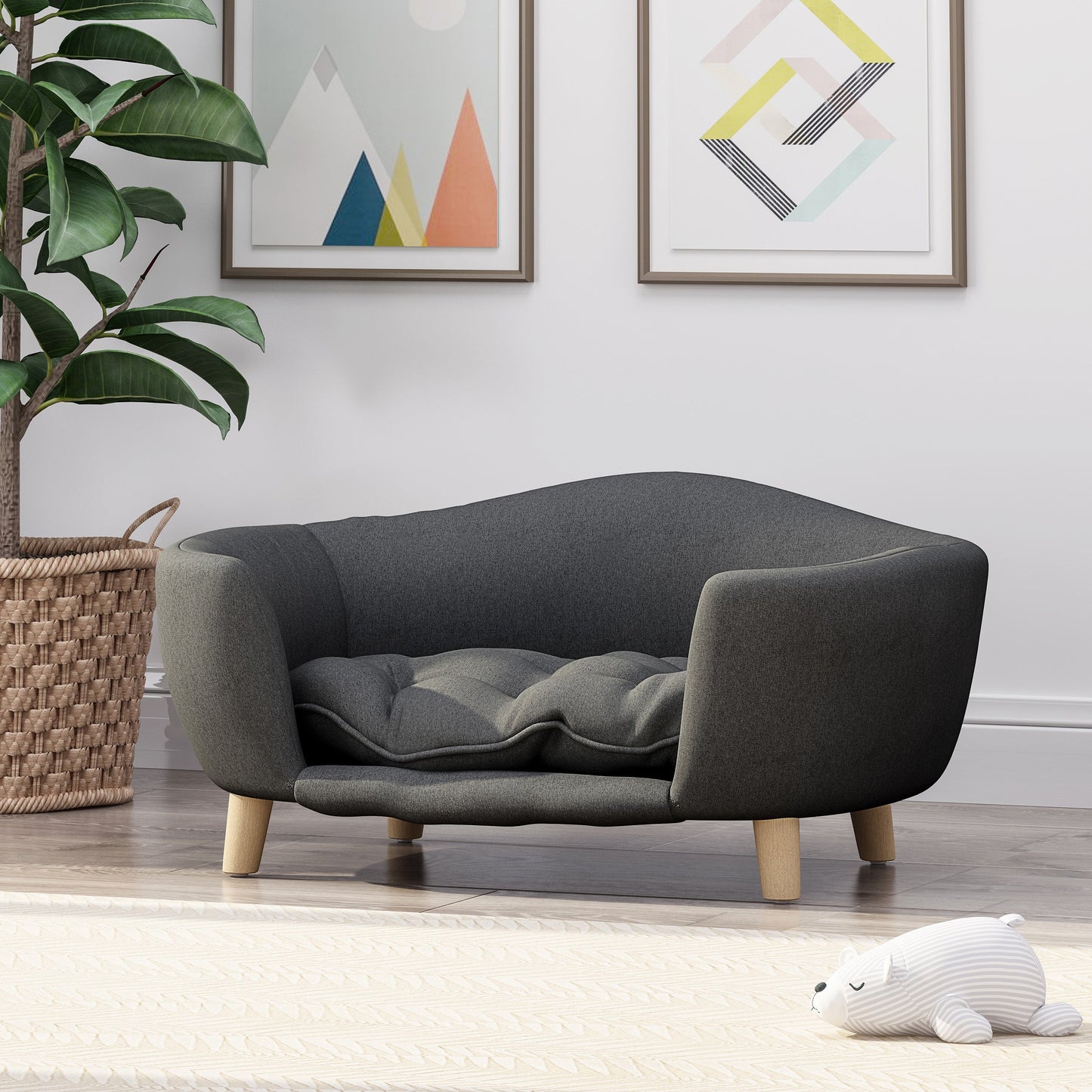 Elevated dog bed frame for small dogs with rubber wood legs in gray fabric by HouseOfZazla on Tampa Home & Garden Store
