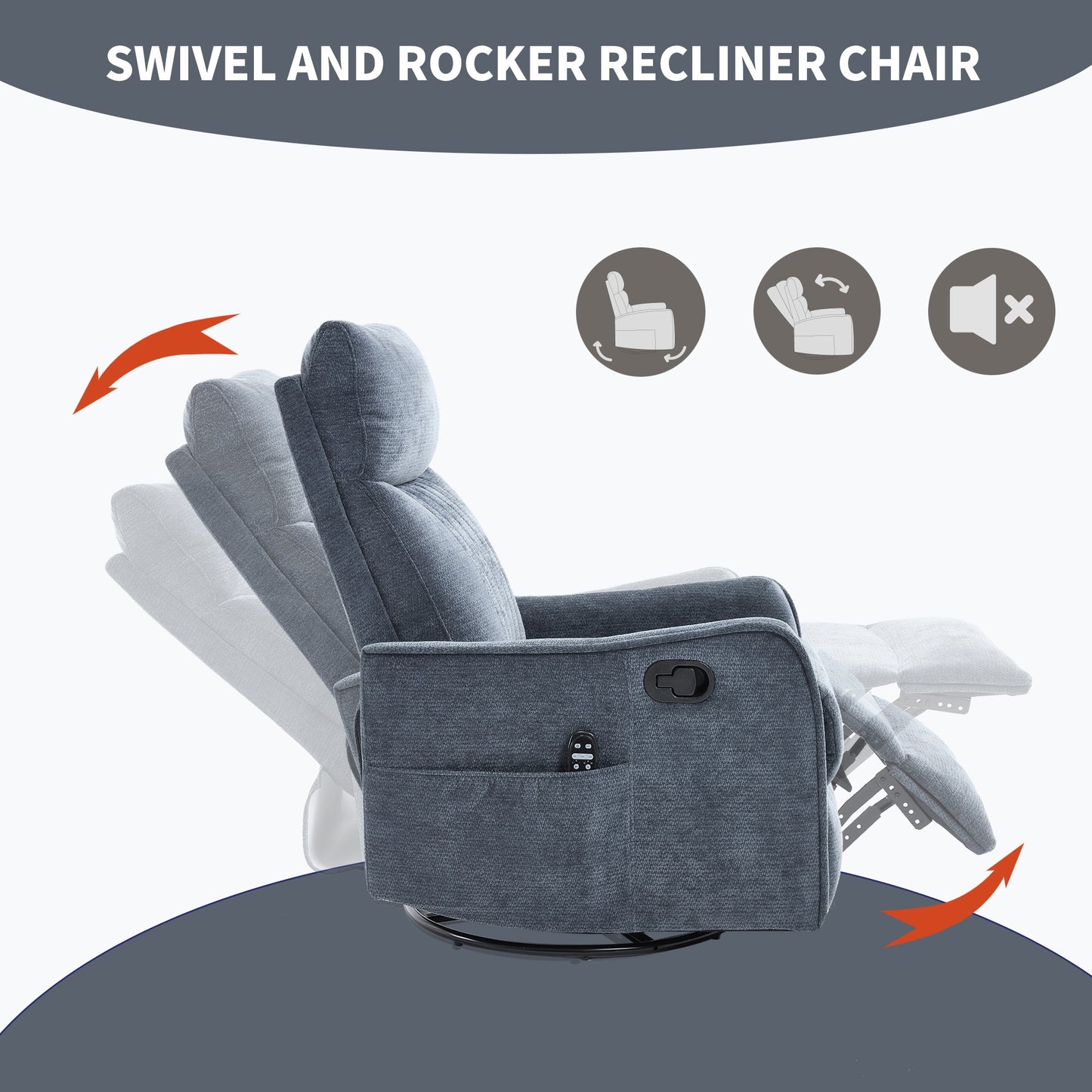 Blue Heat Massage Manual Recliner Chair with Rocker and Swivel by HouseOfZazla on Tampa Home & Garden Store
