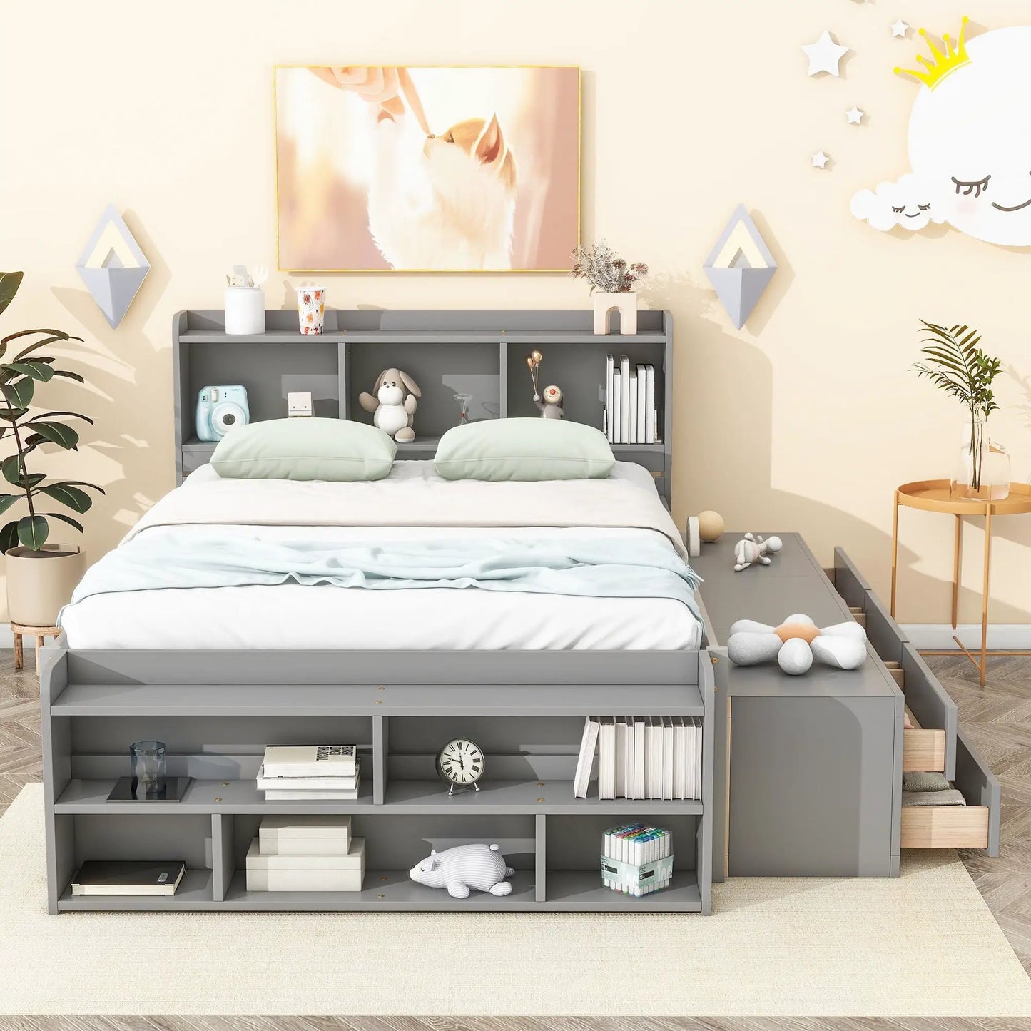 Bed With Bookcase Headboard and Under Bed Storage