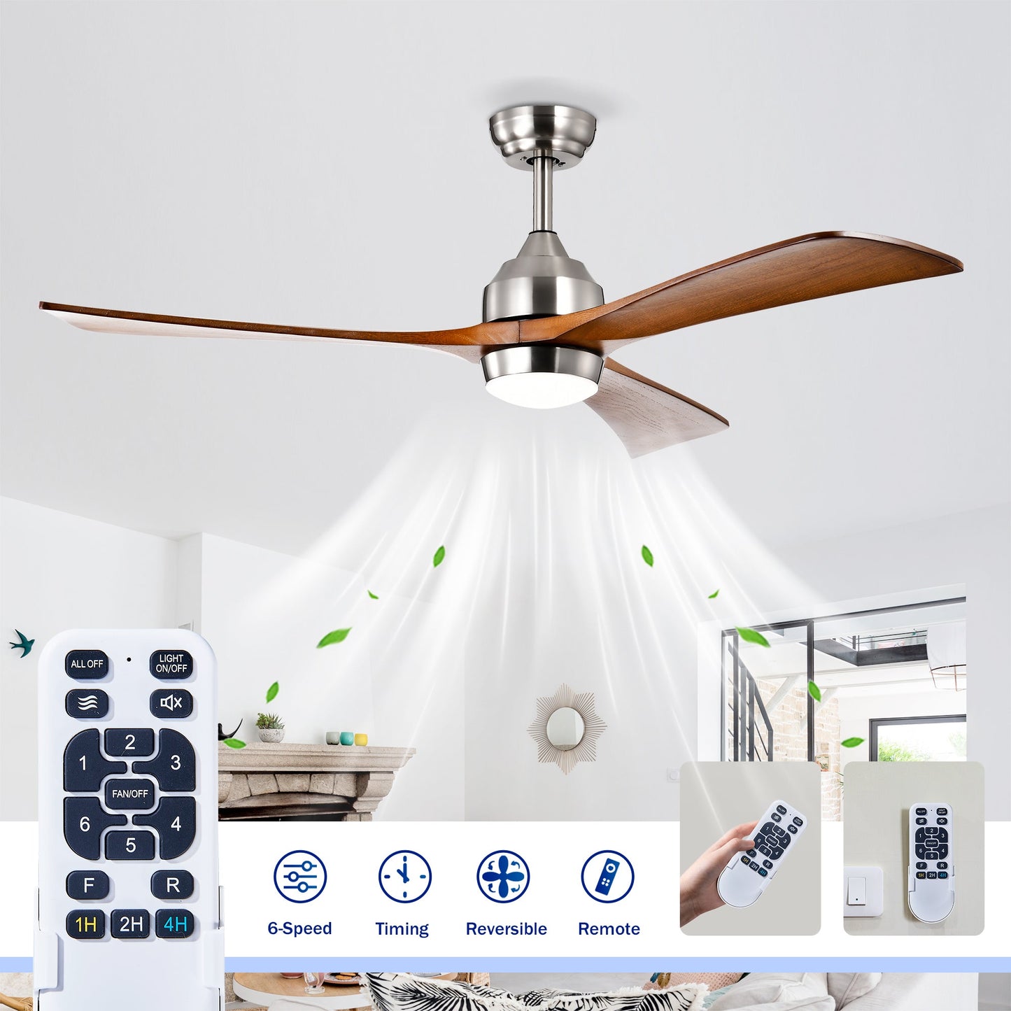 HouseOfZazla 52in wood blade ceiling fan with nickel canopy, wood blades, light, and remote on Tampa Home & Garden Store