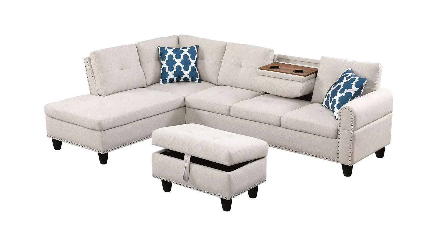 Alger beige left-hand sofa & chaise with ottoman, fabric, nailhead trim on Tampa Home & Garden Store