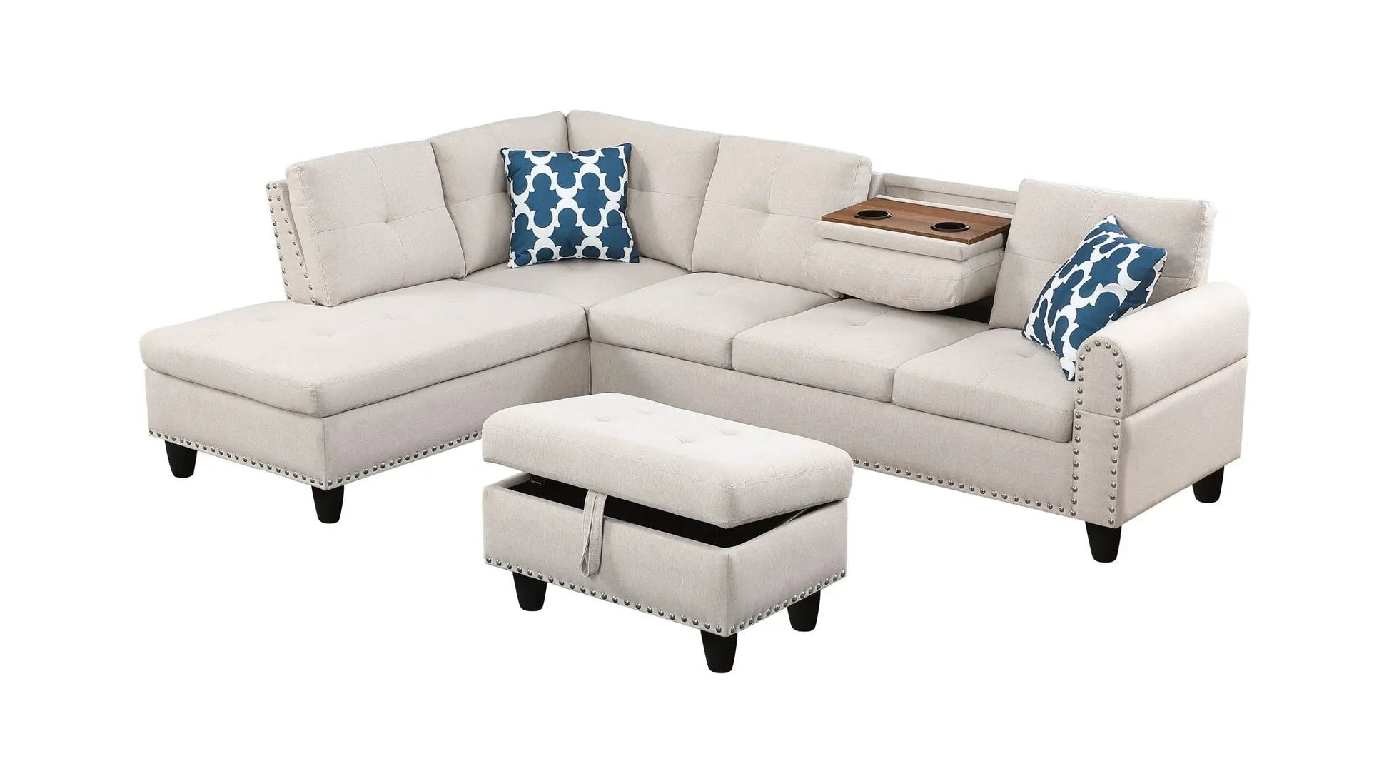 Alger beige left-hand sofa & chaise with ottoman, fabric, nailhead trim on Tampa Home & Garden Store