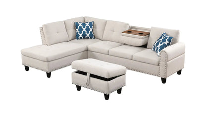 Alger beige left-hand sofa & chaise with ottoman, fabric, nailhead trim on Tampa Home & Garden Store