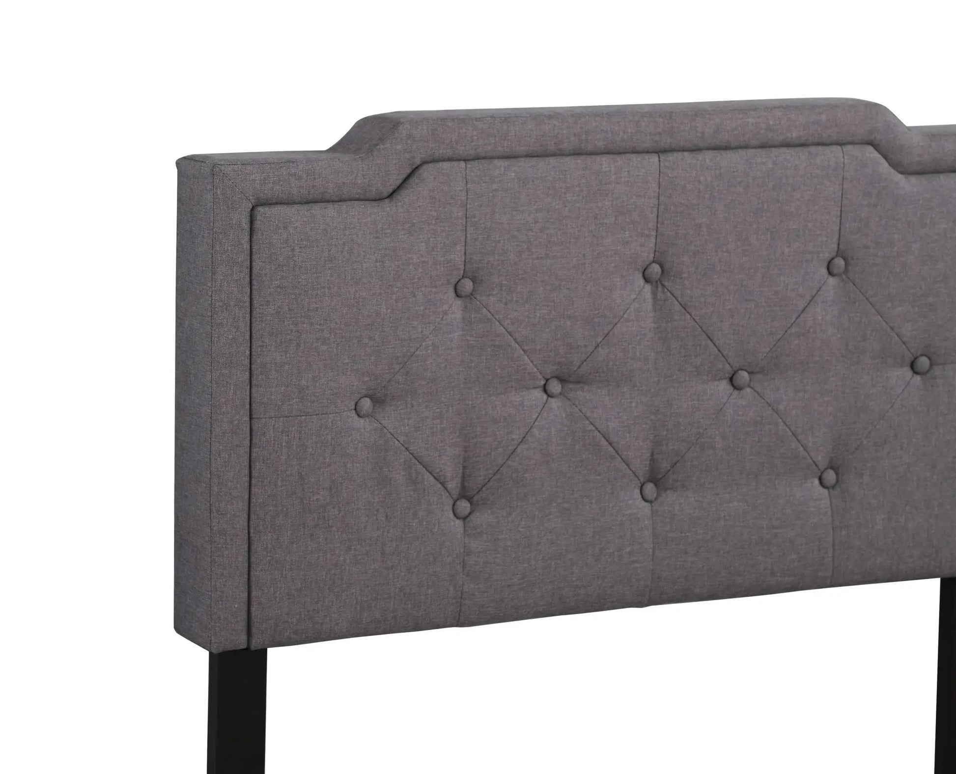 Button tufted upholstered bed in gray fabric with diamond tufting and dark legs on Tampa Home & Garden Store
