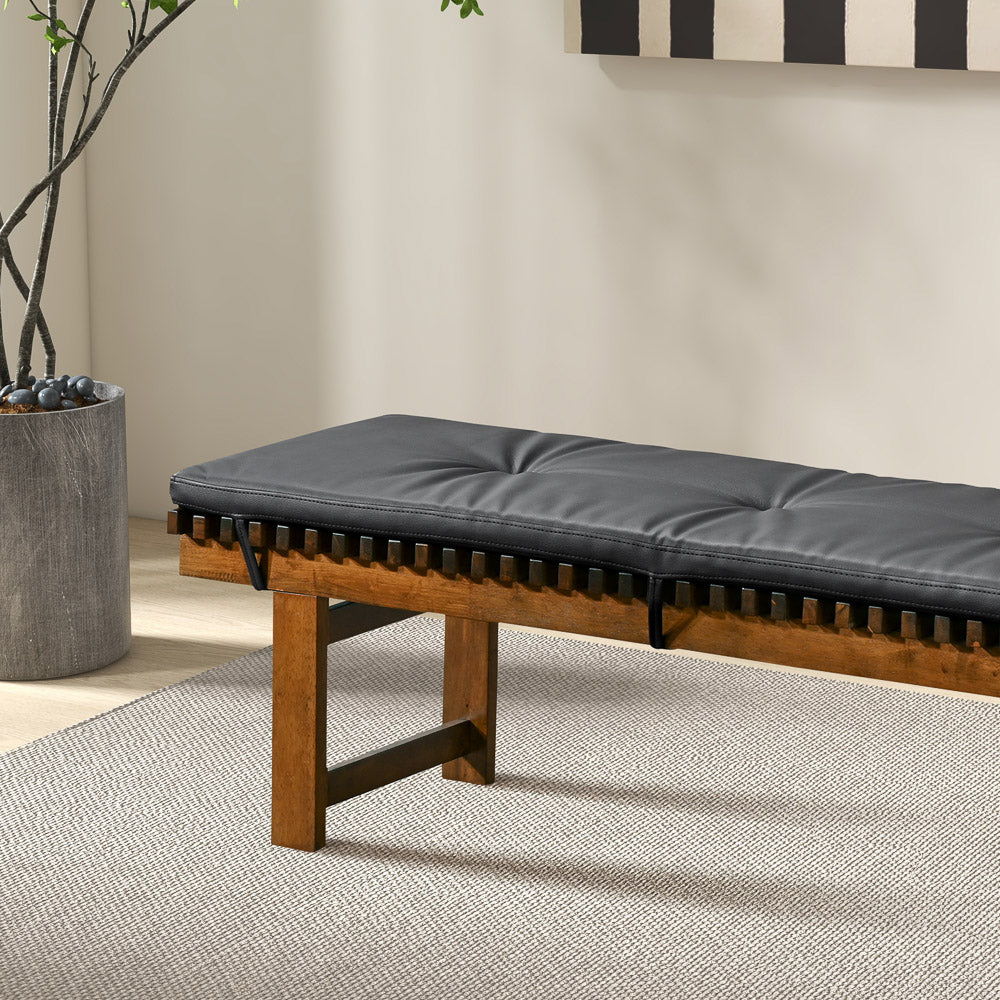 Lucia Black Upholstered Bench with Solid Wood Frame, tufted black cushion on wood base on Tampa Home & Garden Store