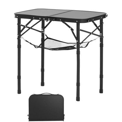 2ft folding camping table with black frame, split top panels and under-table mesh shelf on Tampa Home & Garden Store