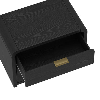 Modern minimalist solid wood nightstand in black finish with two drawers and gold bar pulls on Tampa Home & Garden Store