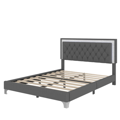 Queen size upholstered platform bed with tufted gray headboard and slatted base on Tampa Home & Garden Store