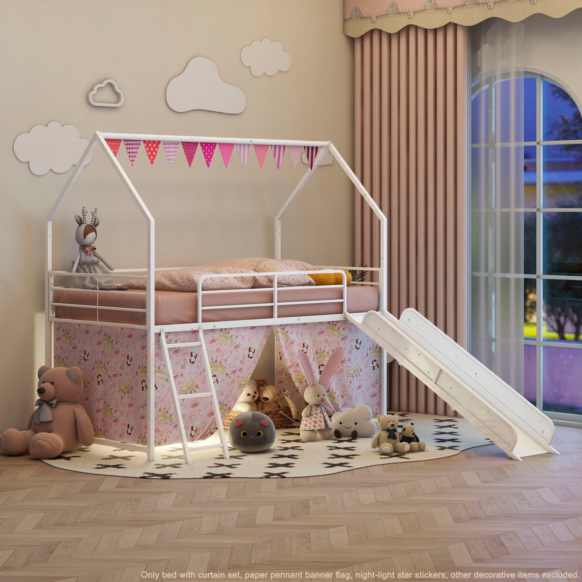 Jack - House Loft Bed with Slide and Curtain Set, white frame, pink curtains on Tampa Home & Garden Store