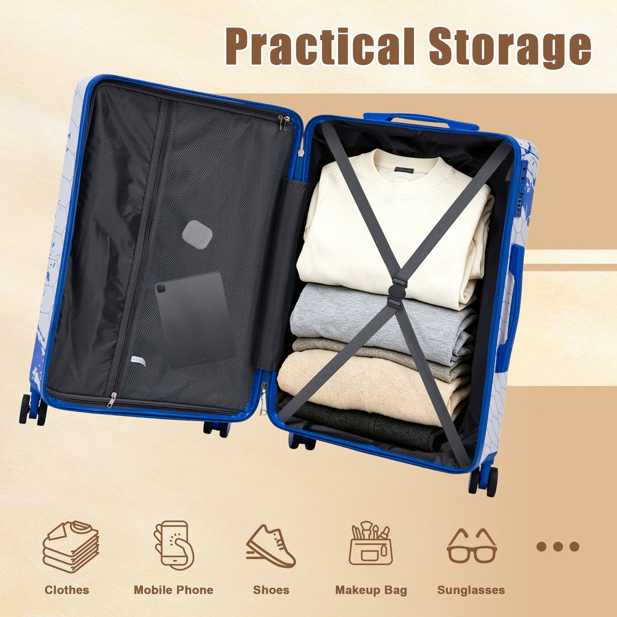 3-Piece PC Spinner Wheel Luggage Set in Blue hard case by HouseOfZazla, open with clothes on Tampa Home & Garden Store