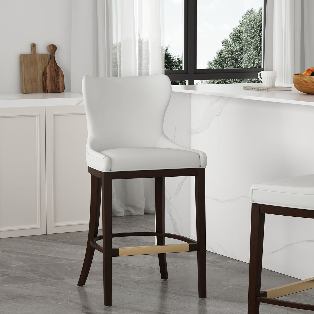 Bar Height Barstools with Backrest White Cushioned Seats 2, dark wood legs HouseOfZazla on Tampa Home & Garden Store