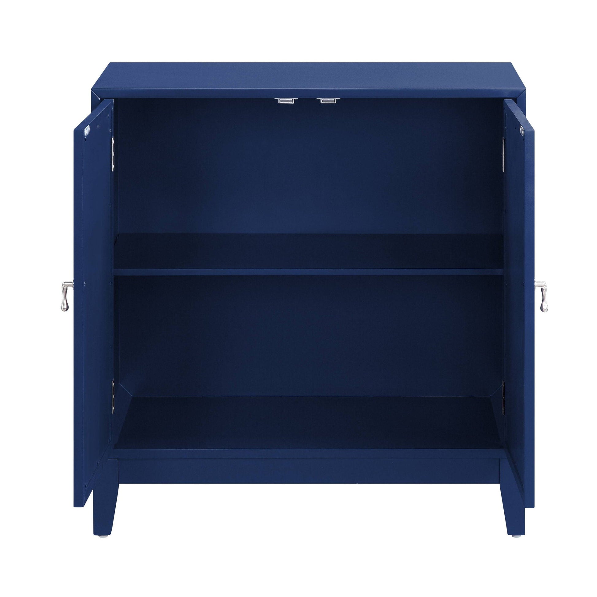 Einstein blue console cabinet with open doors and interior shelf HouseOfZazla on Tampa Home & Garden Store
