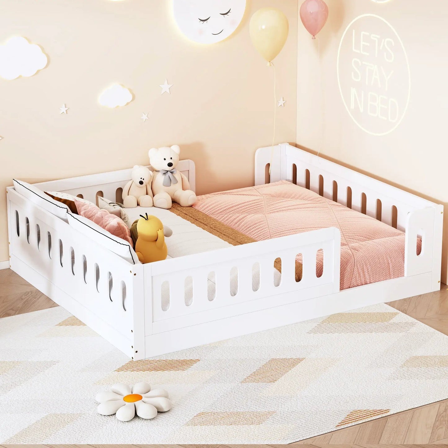 Two white platform beds with guardrails, wood, by Unique Piece Furniture on Tampa Home & Garden Store
