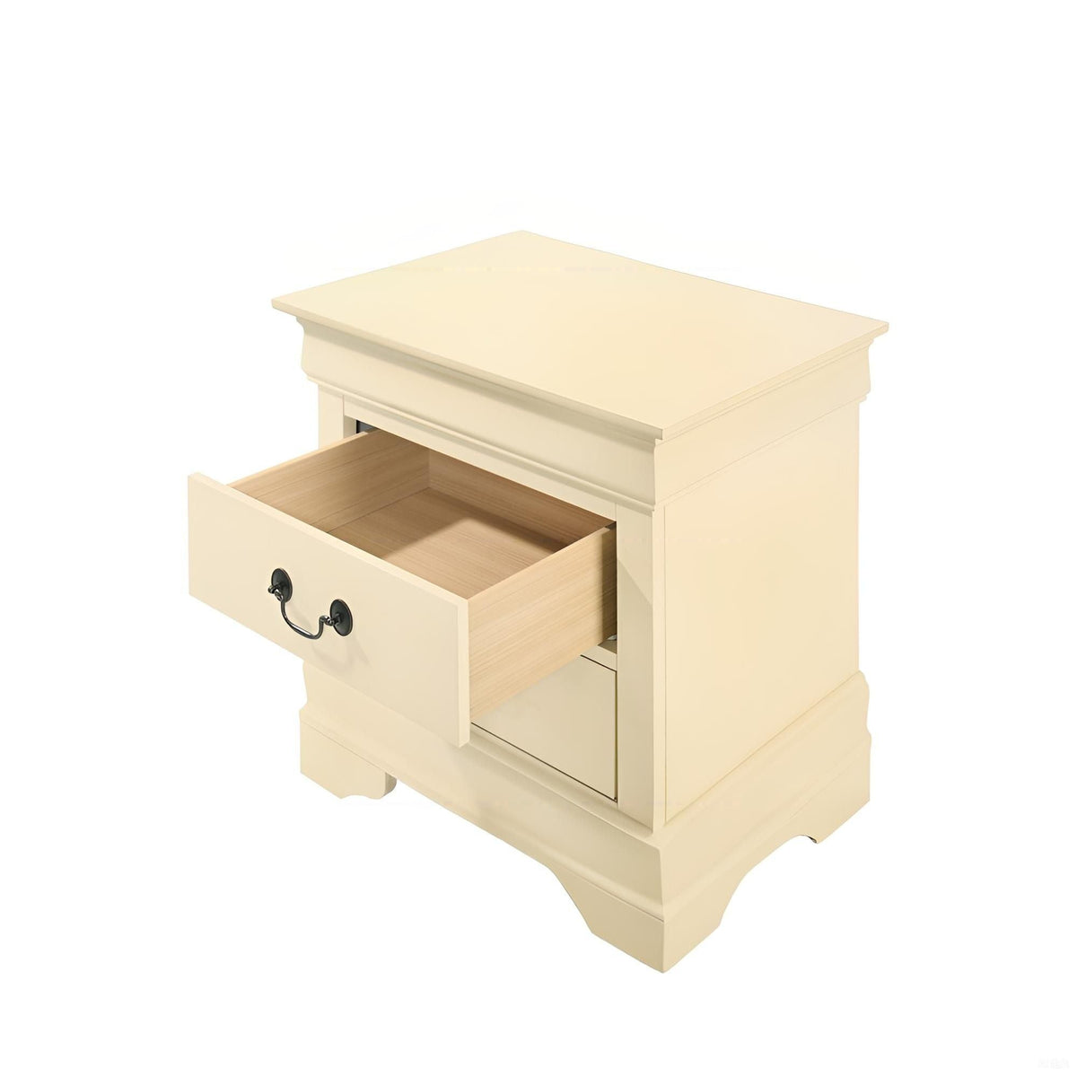Traditional cream nightstand with open drawer showing wood interior and metal handles on Tampa Home & Garden Store