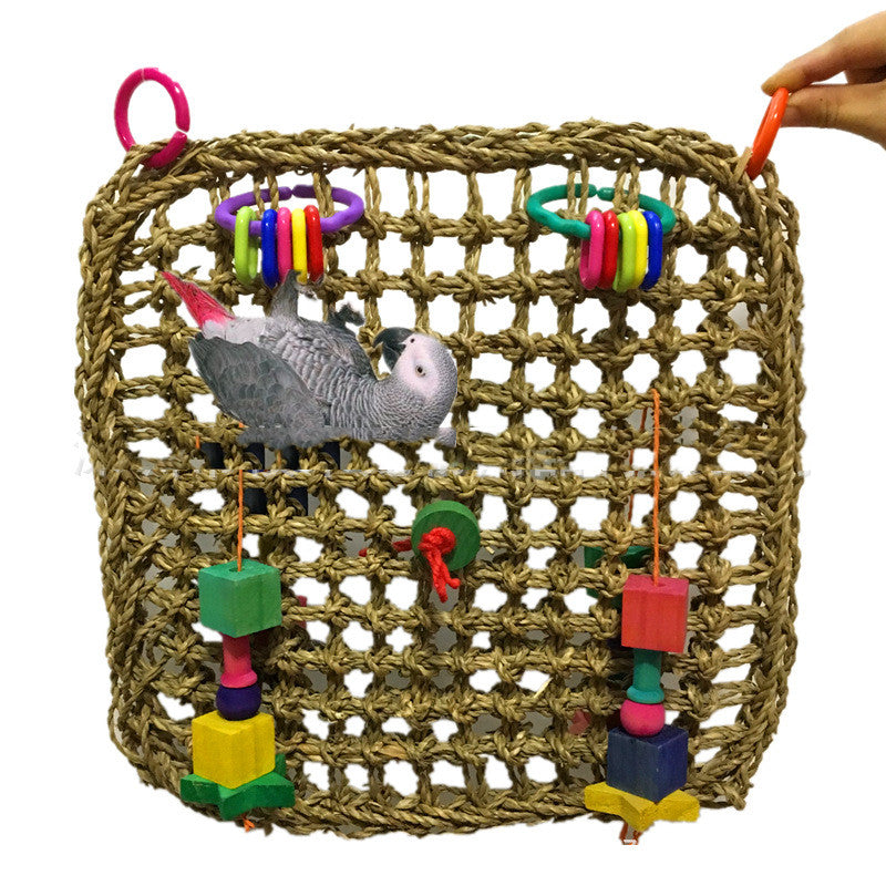 Pure Natural Straw Parrot Hammock woven straw bird toy with two block sets and rings on Tampa Home & Garden Store