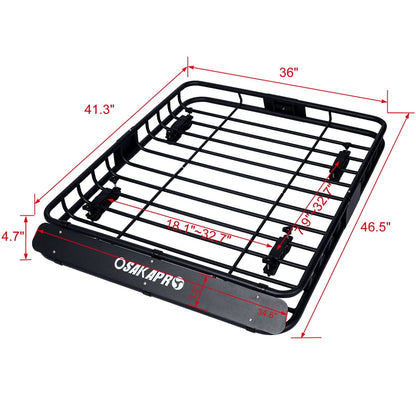 Motoring rooftop cargo basket in black steel with OsakaPros branding, universal fit on Tampa Home & Garden Store