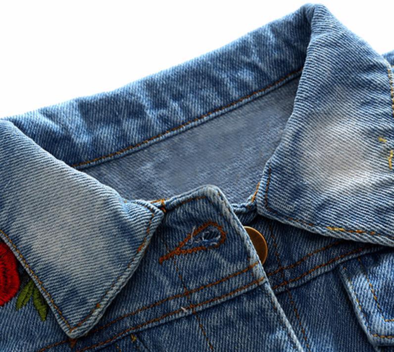 Stevvex baby denim jacket collar with rose embroidery and brown button on Tampa Home & Garden Store