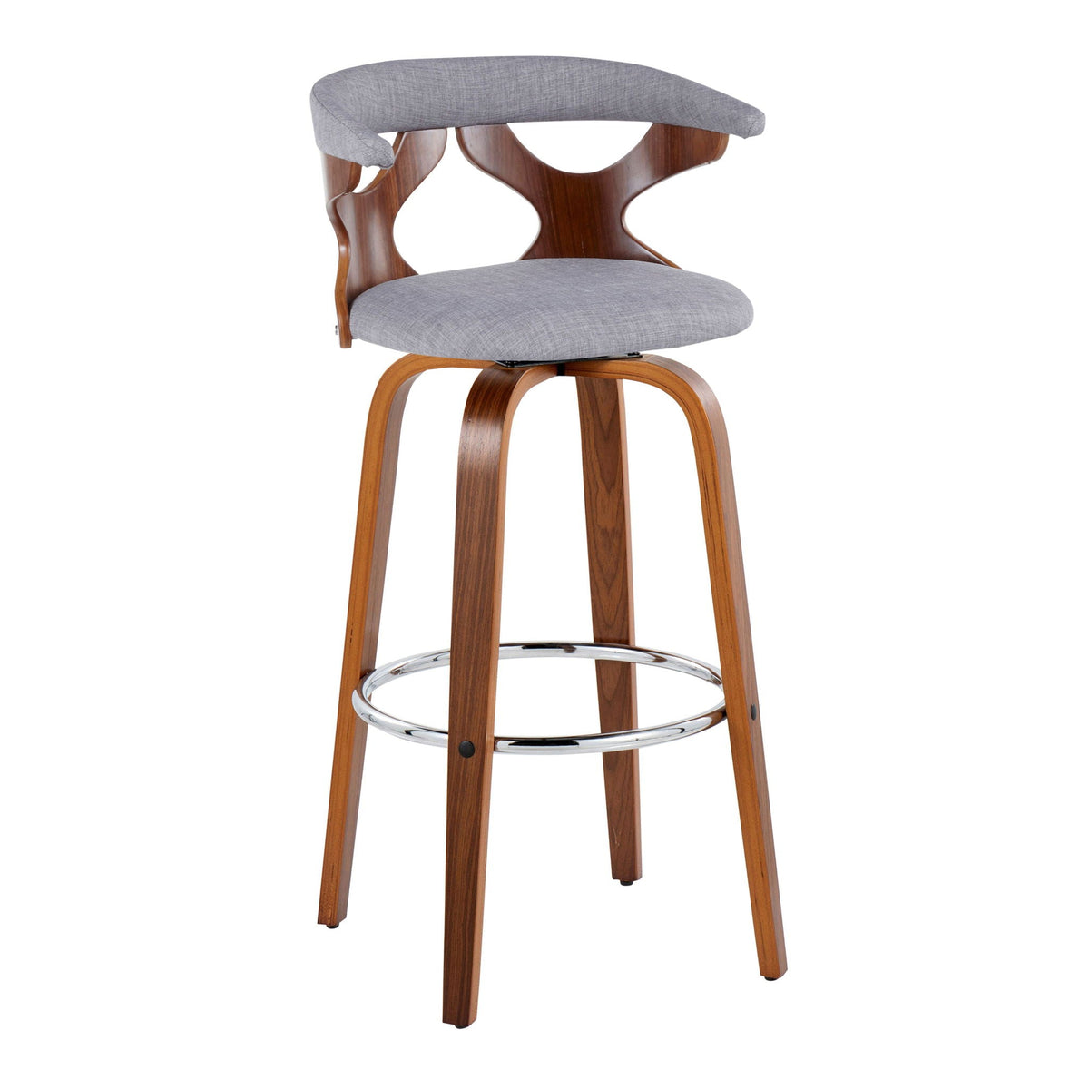 Mid Century Modern swivel barstool with padded gray upholstery and wood legs on Tampa Home & Garden Store