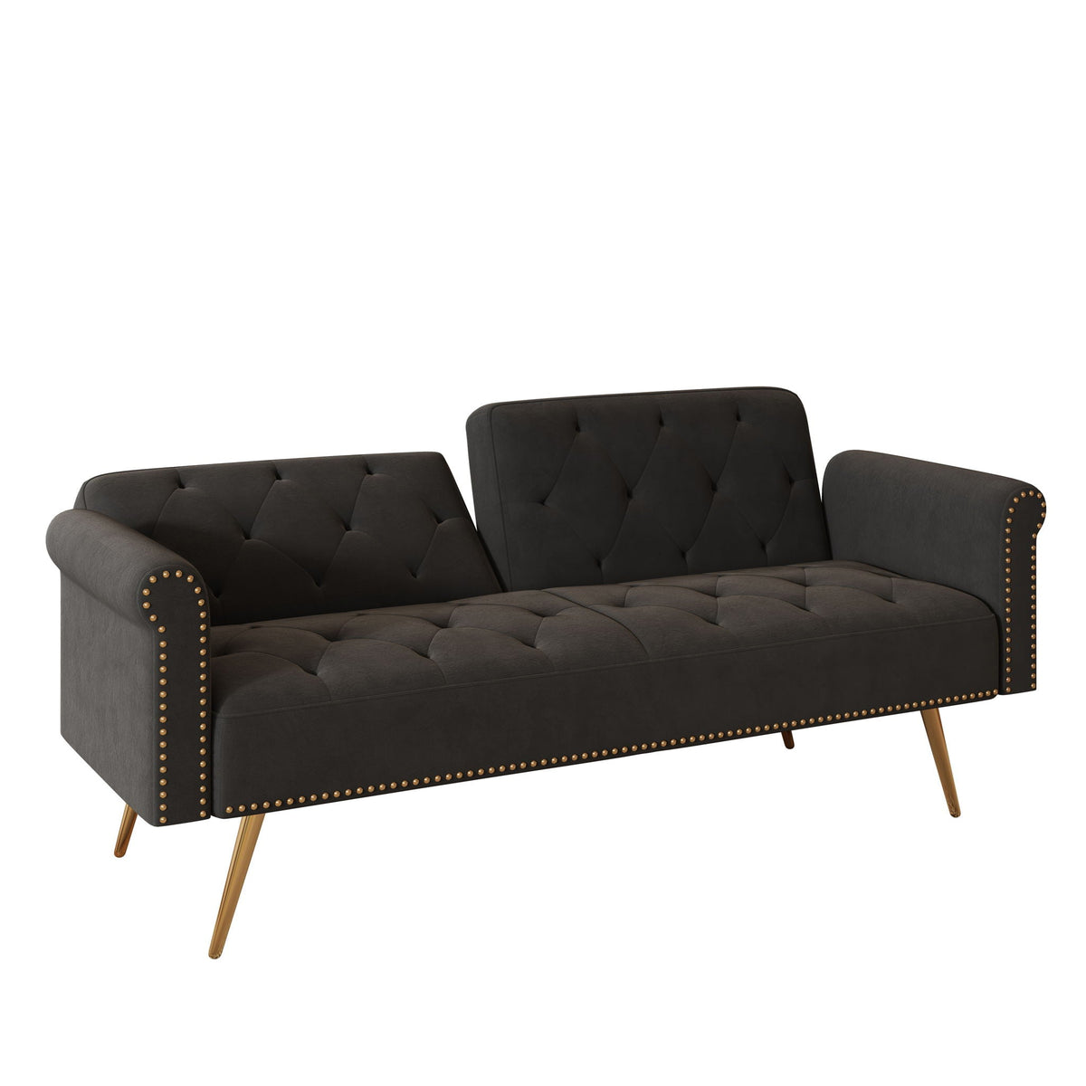 Velvet futon sofa bed with nail head trim, charcoal upholstery, pillow, gold legs on Tampa Home & Garden Store