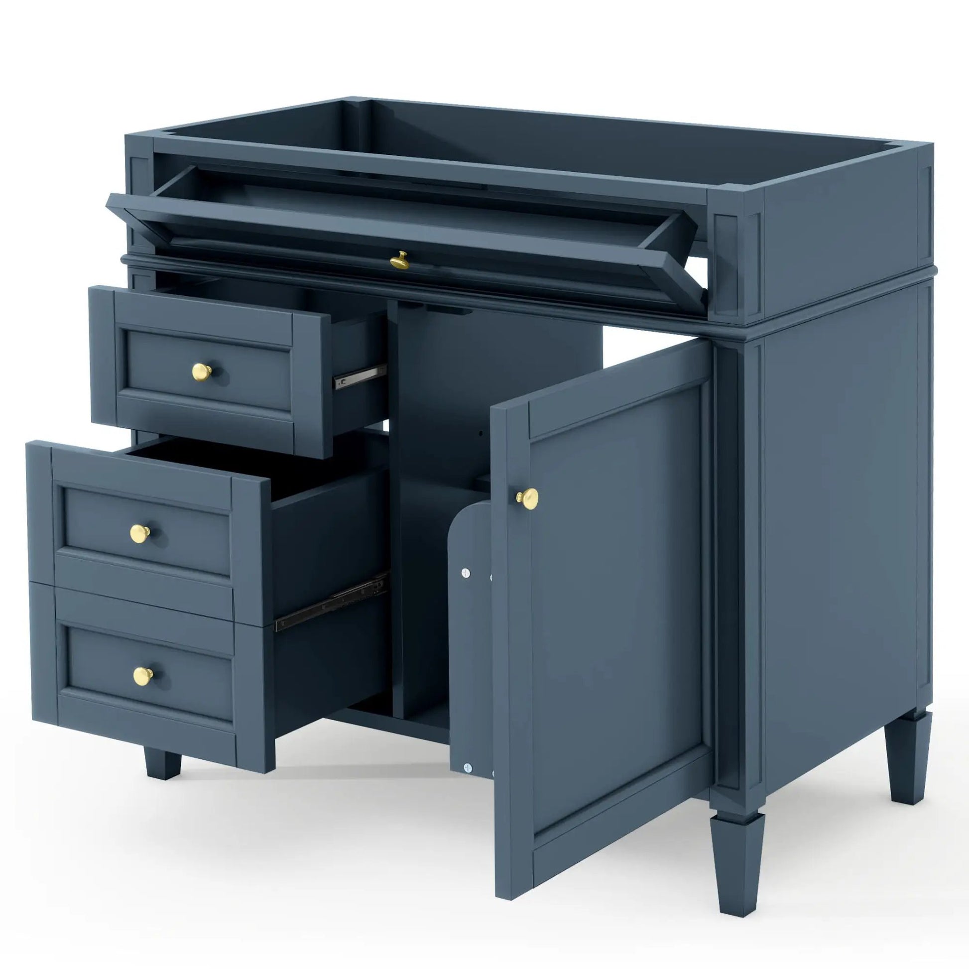Bathroom vanity base with 2 drawers and a tip-out drawer in blue-gray finish with brass knobs on Tampa Home & Garden Store
