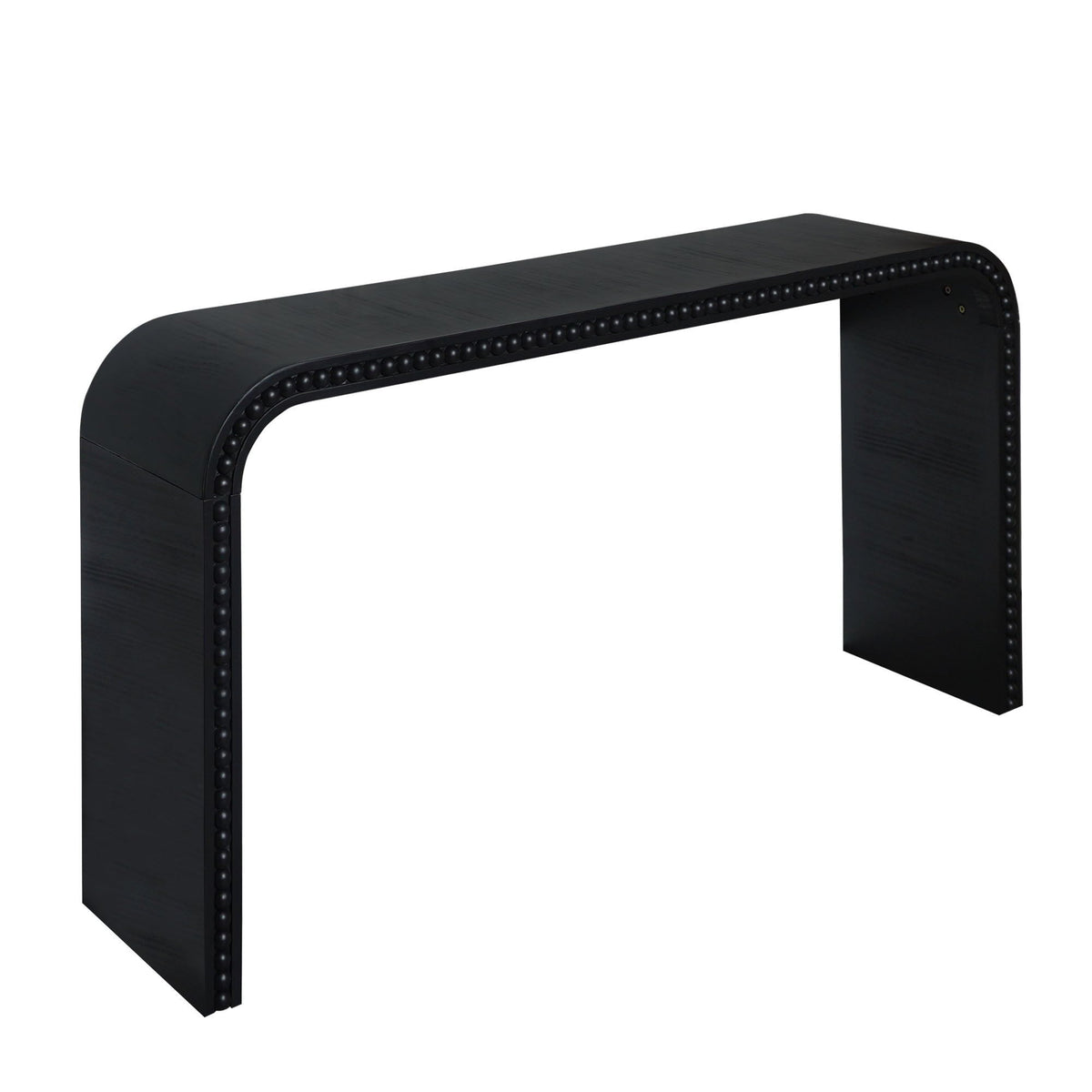 Waterfall console table in black wood with seamless curved edges and nailhead trim on Tampa Home & Garden Store