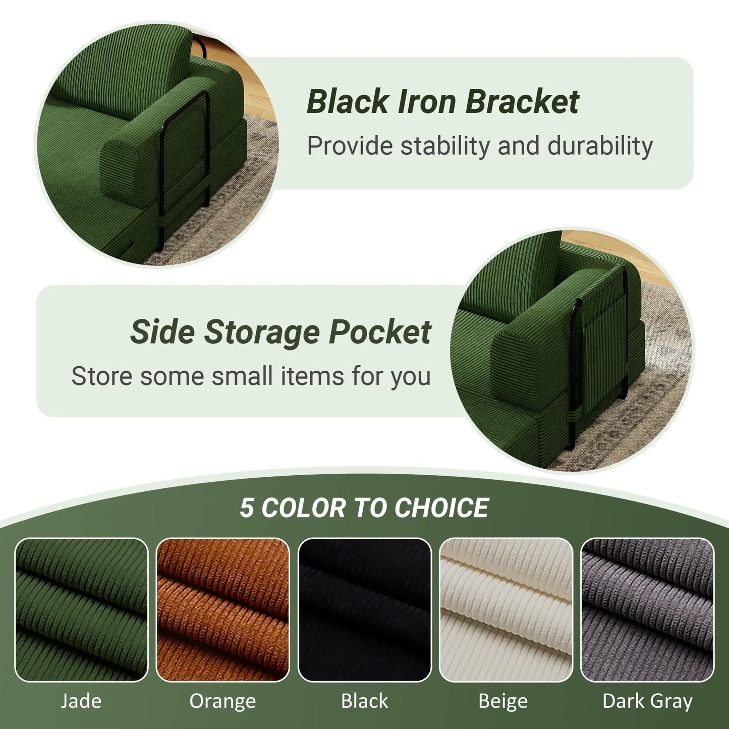 Convertible sleeper futon sofa in green upholstery with cylindrical pillow, fixed frame on Tampa Home & Garden Store